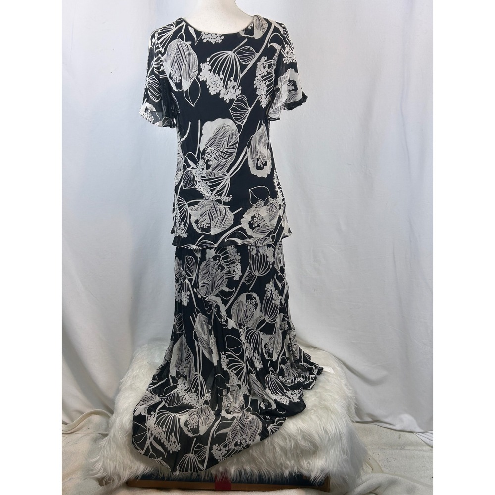 Rouge 2 Piece Gown Women Size L Black White Floral Excellent Sequin Maxi Ruffle - Picture 8 of 11